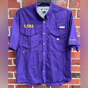 Columbia PFG LSU Tigers Short Sleeve Button Down Purple Outdoors L Fishing Shirt